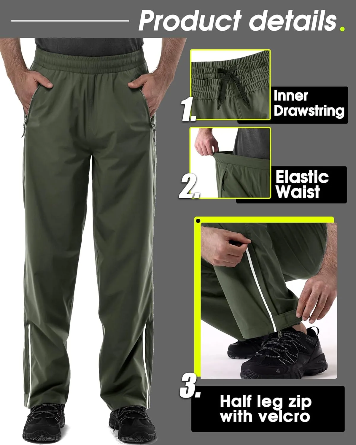 33,000ft Men's Rain Pants Waterproof, Windproof Lightweight Outdoor Rain Over Pants for Fishing Golf Work Hiking