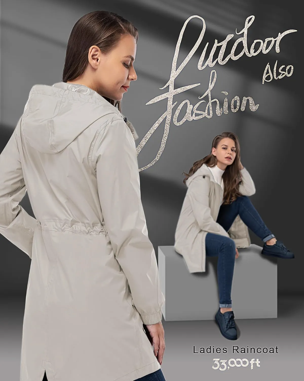 33,000ft Women's Waterproof Long Rain Coats Packable Rain Jacket with Hood Trench Coats Windbreaker