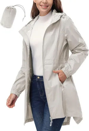 33,000ft Women's Waterproof Long Rain Coats Packable Rain Jacket with Hood Trench Coats Windbreaker