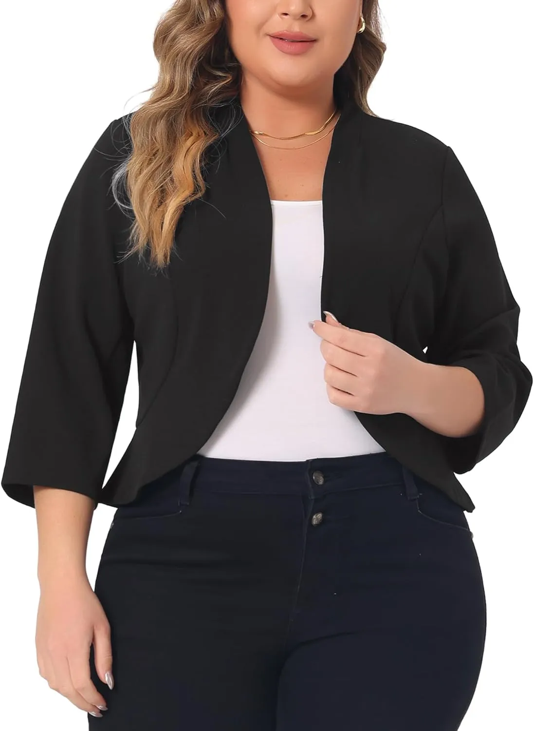 Agnes Orinda Plus Size Blazers for Women Open Front 3/4 Sleeve 2024 Cardigan Work Office Jacket Suit Blazer