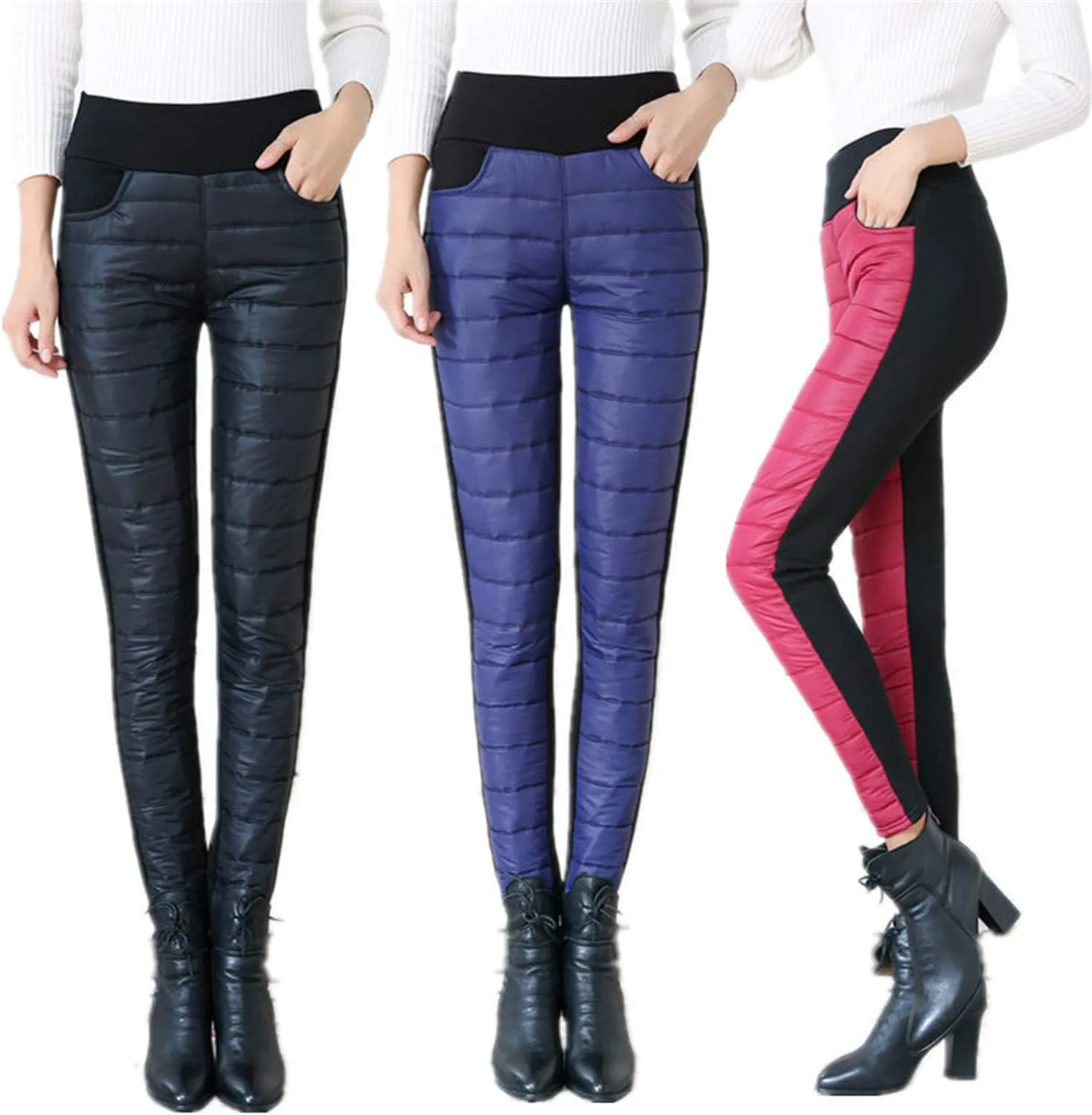 Andongnywell Women High Waist Down Pants Winter Thicken Pants Elasticity Warm Trousers Windproof Quilted Puffer Pants