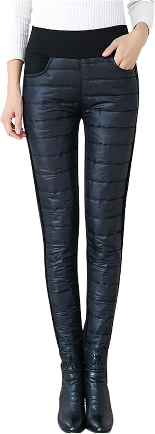 Andongnywell Women High Waist Down Pants Winter Thicken Pants Elasticity Warm Trousers Windproof Quilted Puffer Pants