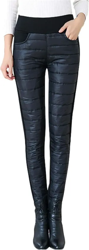 Andongnywell Women High Waist Down Pants Winter Thicken Pants Elasticity Warm Trousers Windproof Quilted Puffer Pants