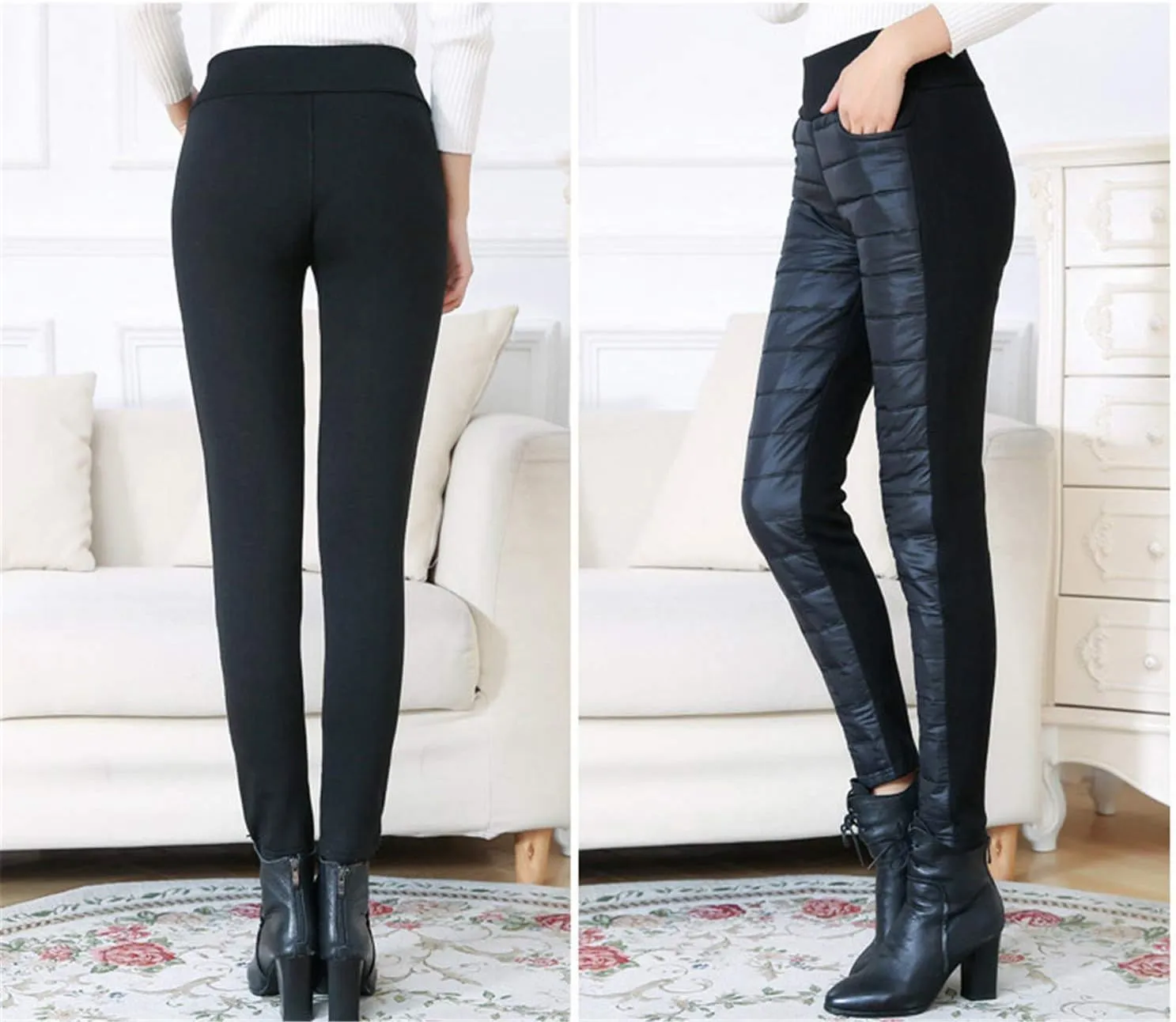 Andongnywell Women High Waist Down Pants Winter Thicken Pants Elasticity Warm Trousers Windproof Quilted Puffer Pants