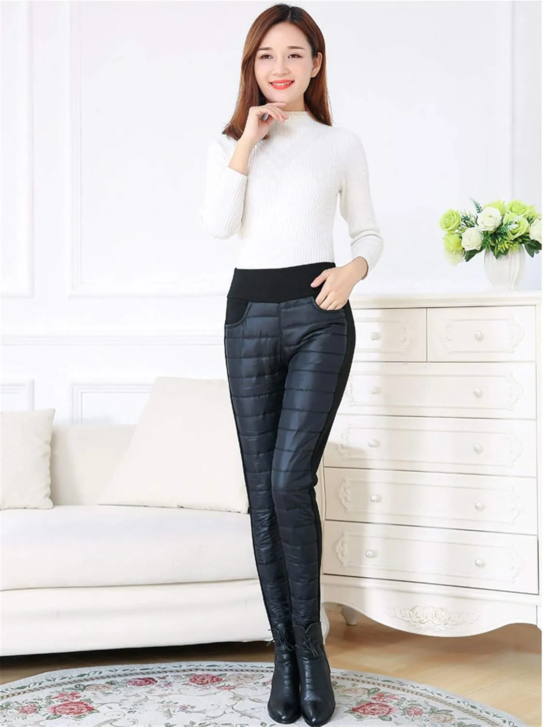 Andongnywell Women High Waist Down Pants Winter Thicken Pants Elasticity Warm Trousers Windproof Quilted Puffer Pants