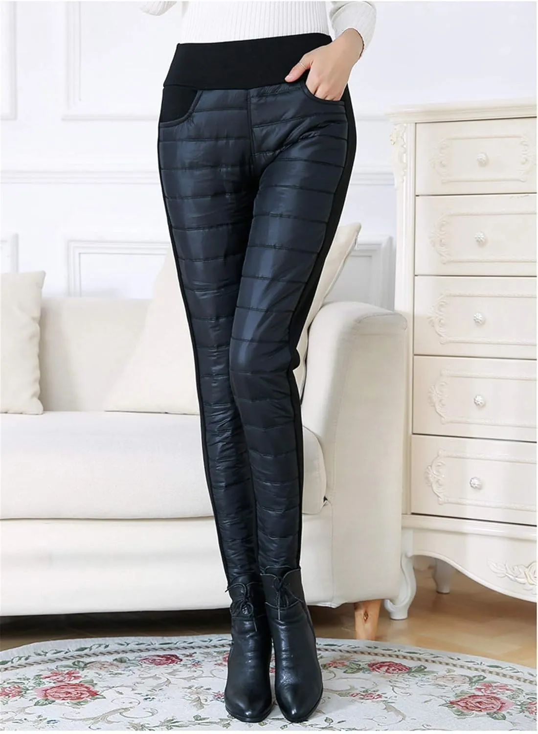 Andongnywell Women High Waist Down Pants Winter Thicken Pants Elasticity Warm Trousers Windproof Quilted Puffer Pants