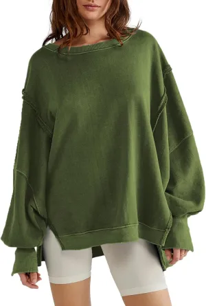 Bobeutou Womens Oversized Crewneck Sweatshirt Trendy Hoodies Teen Girls Loose Fit Side Slit Long Sleeves Shirts Pullover Top