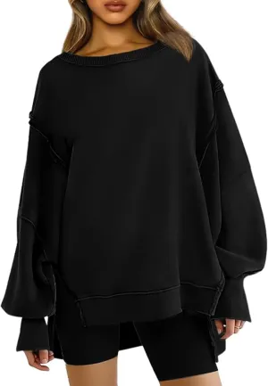 Bobeutou Womens Oversized Crewneck Sweatshirt Trendy Hoodies Teen Girls Loose Fit Side Slit Long Sleeves Shirts Pullover Top