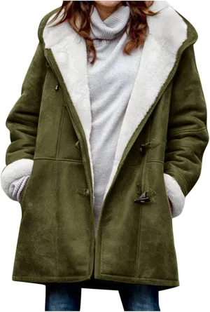 Ceboyel Women Fleece Winter Coats 2023 Sherpa Lined Suede Warm Jackets Hoodies Horn Buttons Long Coat Trendy Outfits Clothes Womens Plus Size Heavy Winter Coat Army Green Xxxxxl