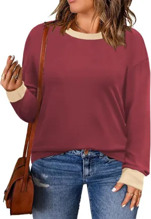 DOLNINE Womens-Plus-Size-Sweatshirts Color Block Long Sleeve Tops Fall Casual Crewneck Shirts Trendy Loose Fit Tunics XL-5XL