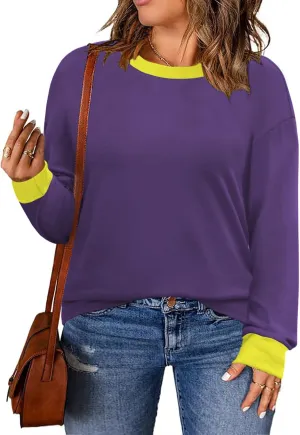 DOLNINE Womens-Plus-Size-Sweatshirts Color Block Long Sleeve Tops Fall Casual Crewneck Shirts Trendy Loose Fit Tunics XL-5XL