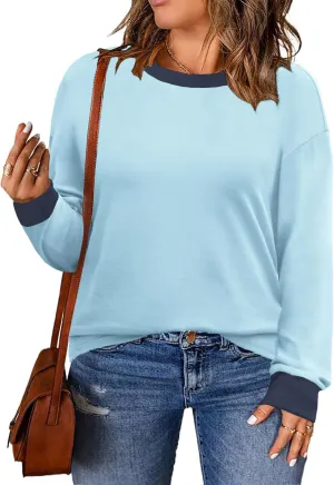 DOLNINE Womens-Plus-Size-Sweatshirts Color Block Long Sleeve Tops Fall Casual Crewneck Shirts Trendy Loose Fit Tunics XL-5XL