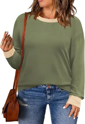 DOLNINE Womens-Plus-Size-Sweatshirts Color Block Long Sleeve Tops Fall Casual Crewneck Shirts Trendy Loose Fit Tunics XL-5XL