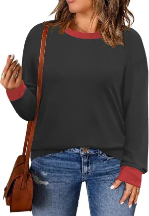 DOLNINE Womens-Plus-Size-Sweatshirts Color Block Long Sleeve Tops Fall Casual Crewneck Shirts Trendy Loose Fit Tunics XL-5XL