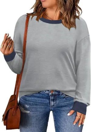DOLNINE Womens-Plus-Size-Sweatshirts Color Block Long Sleeve Tops Fall Casual Crewneck Shirts Trendy Loose Fit Tunics XL-5XL