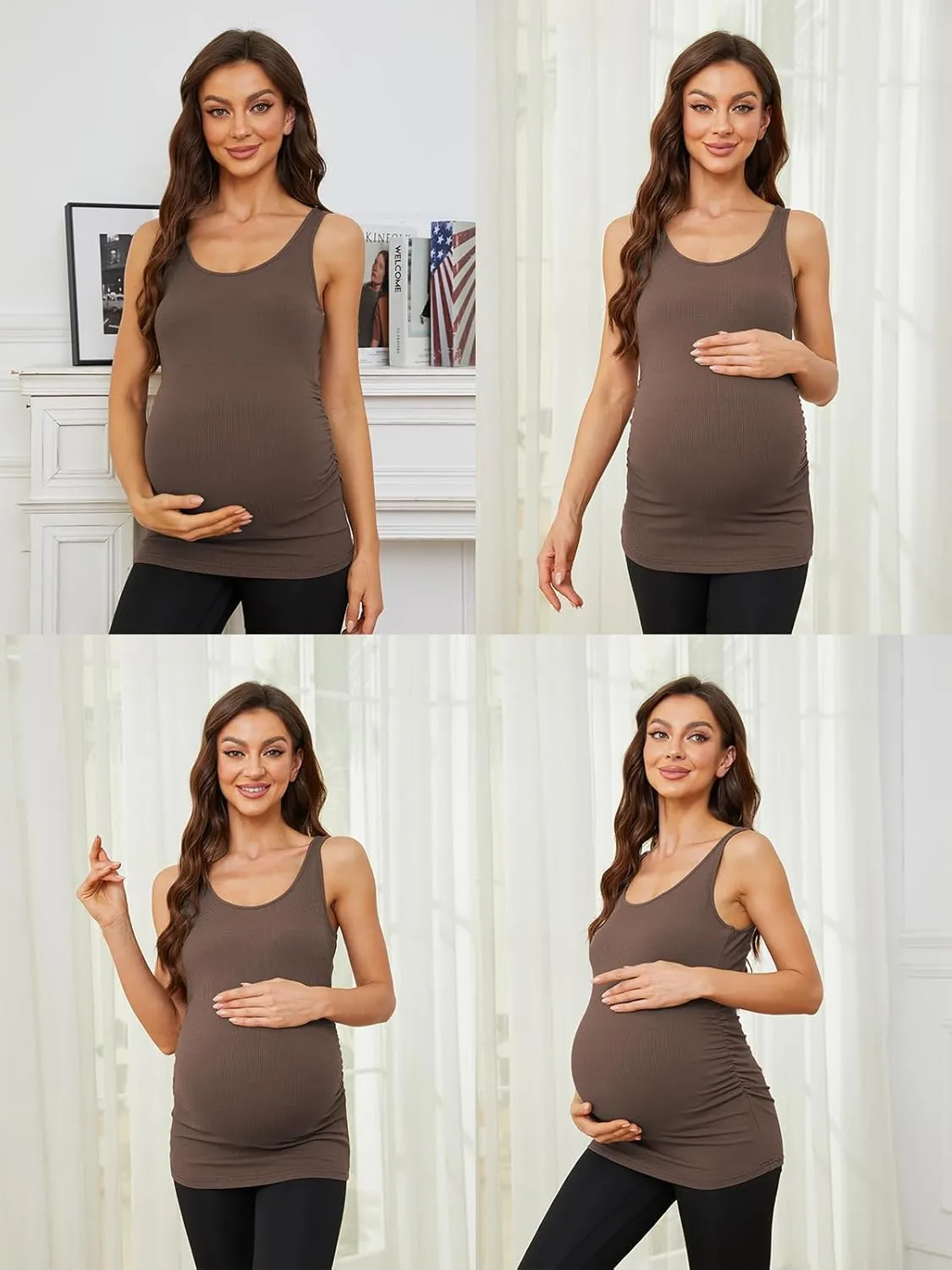 Ecavus 3 Pack Maternity Tank Tops Ribbed Ruched Side Stretchy Comfortable Sleeveless Pregnancy Shirts