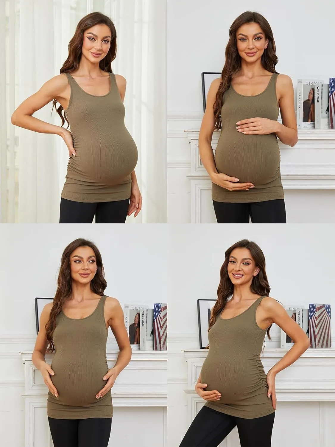 Ecavus 3 Pack Maternity Tank Tops Ribbed Ruched Side Stretchy Comfortable Sleeveless Pregnancy Shirts