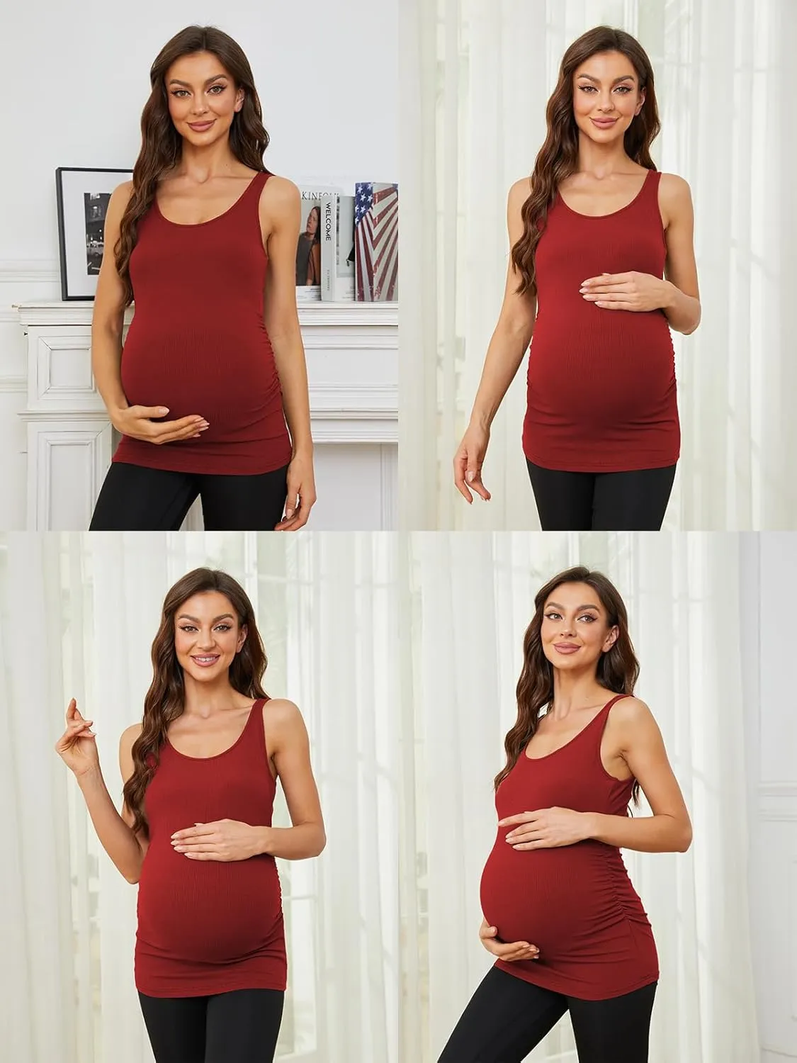 Ecavus 3 Pack Maternity Tank Tops Ribbed Ruched Side Stretchy Comfortable Sleeveless Pregnancy Shirts