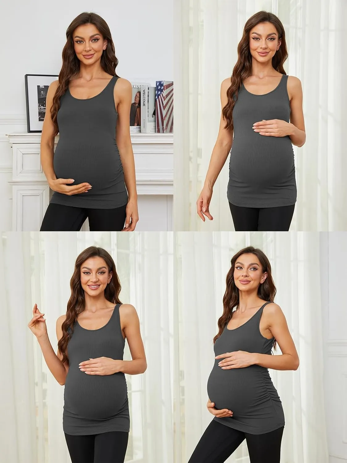 Ecavus 3 Pack Maternity Tank Tops Ribbed Ruched Side Stretchy Comfortable Sleeveless Pregnancy Shirts