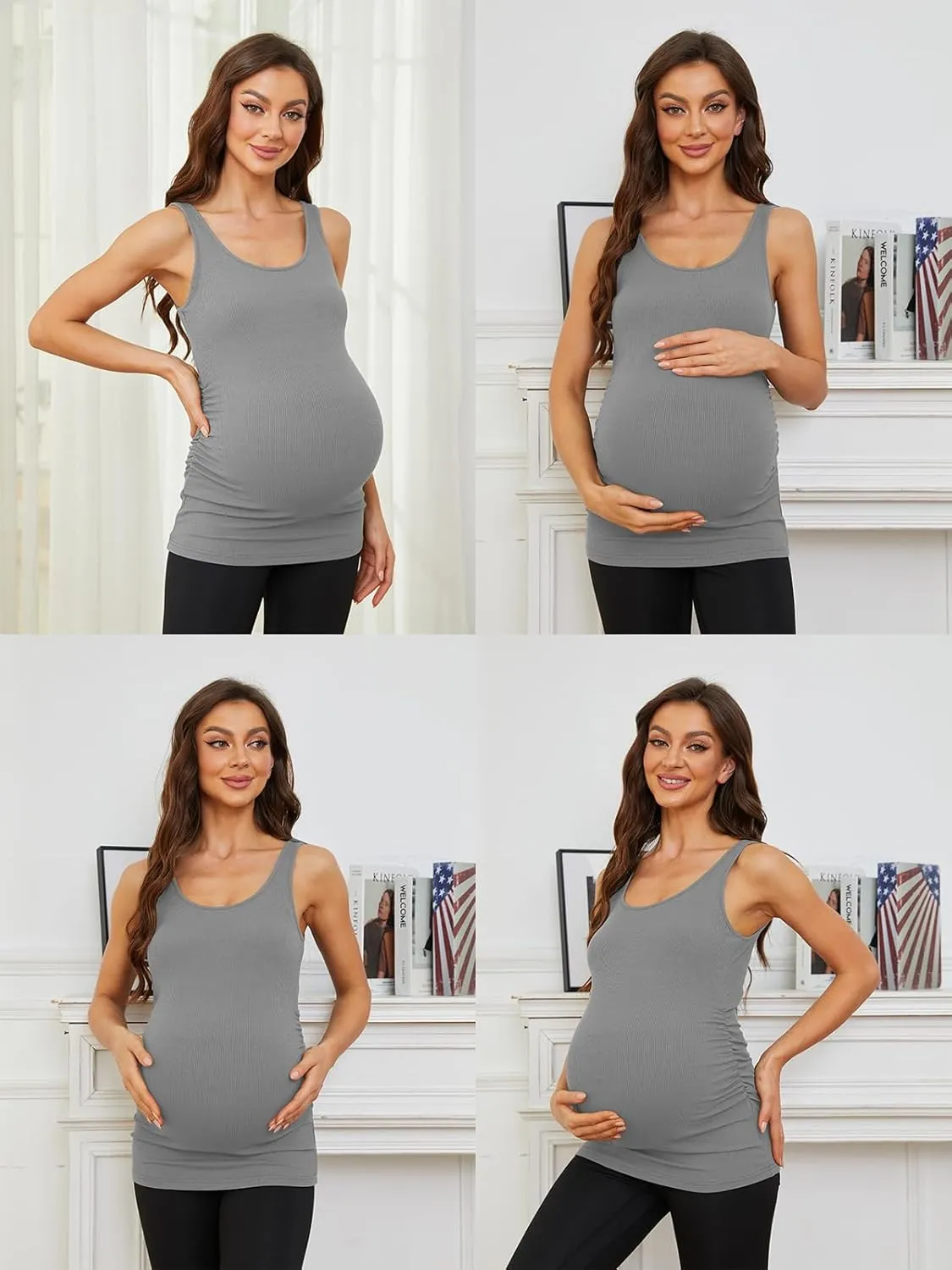 Ecavus 3 Pack Maternity Tank Tops Ribbed Ruched Side Stretchy Comfortable Sleeveless Pregnancy Shirts