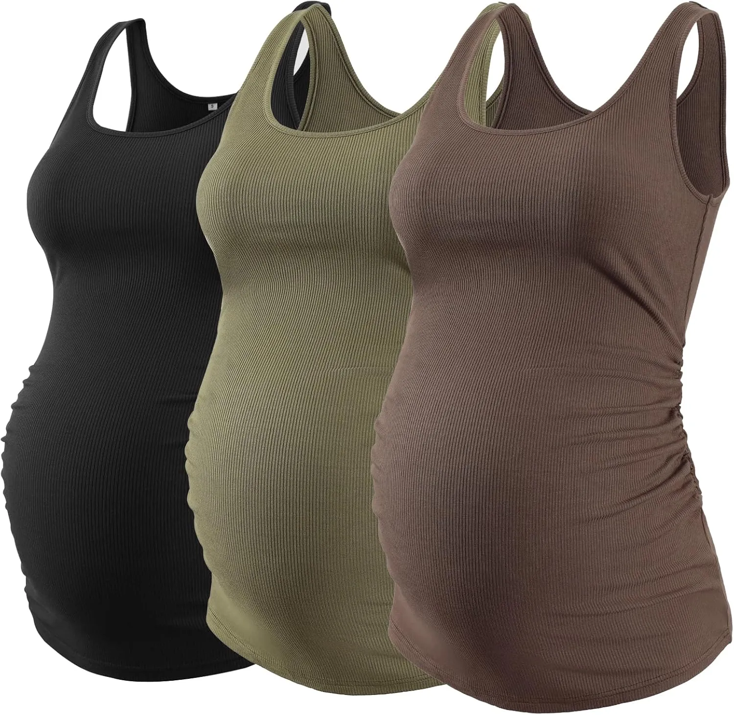 Ecavus 3 Pack Maternity Tank Tops Ribbed Ruched Side Stretchy Comfortable Sleeveless Pregnancy Shirts