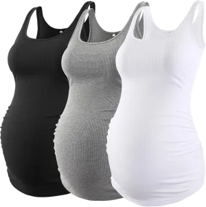 Ecavus 3 Pack Maternity Tank Tops Ribbed Ruched Side Stretchy Comfortable Sleeveless Pregnancy Shirts