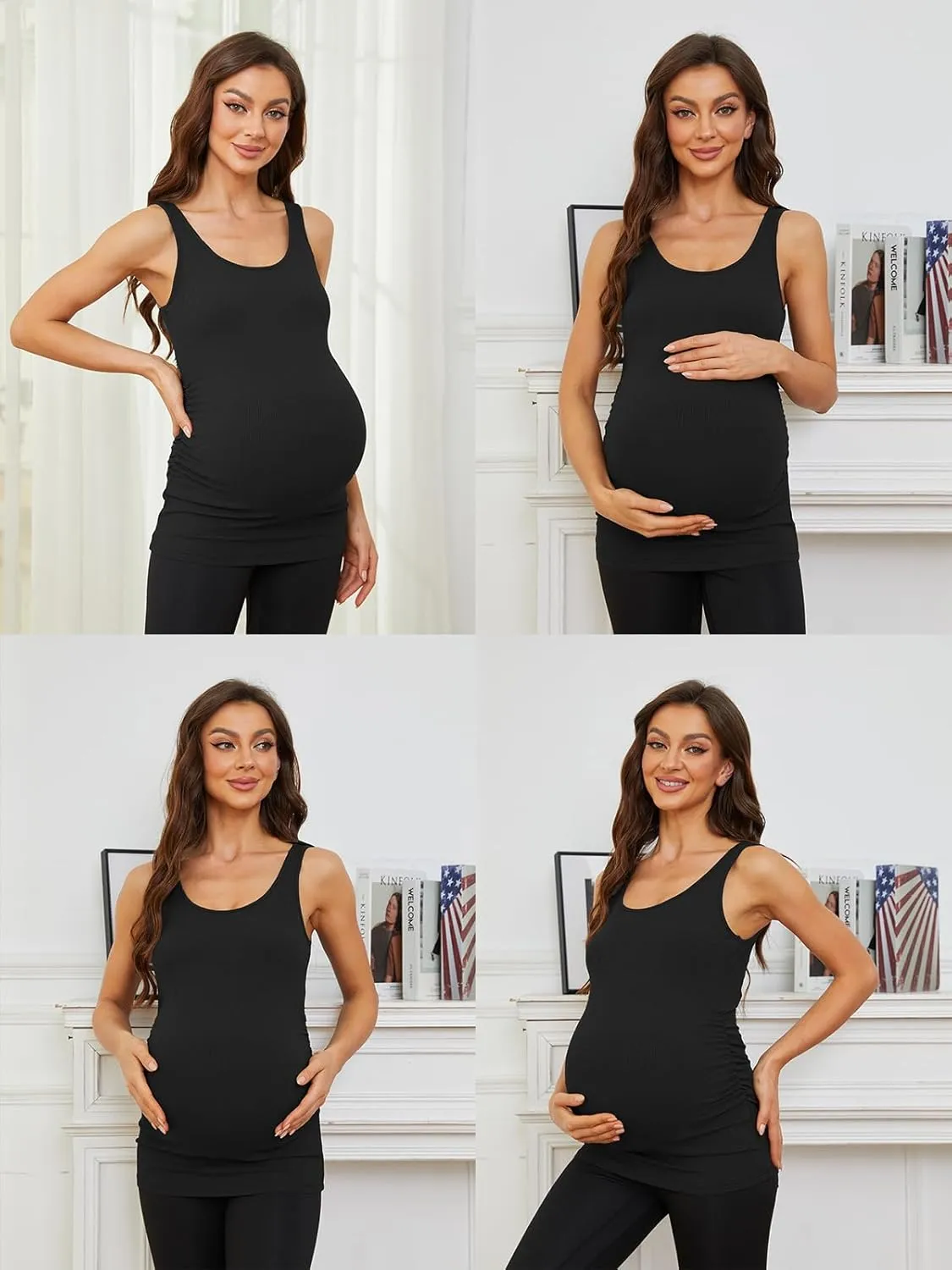 Ecavus 3 Pack Maternity Tank Tops Ribbed Ruched Side Stretchy Comfortable Sleeveless Pregnancy Shirts