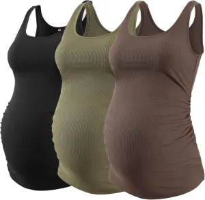 Ecavus 3 Pack Maternity Tank Tops Ribbed Ruched Side Stretchy Comfortable Sleeveless Pregnancy Shirts