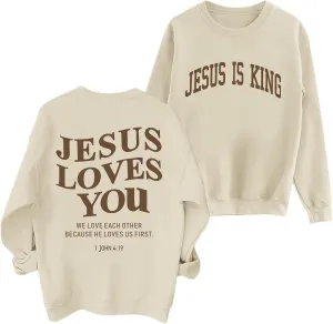 Fleece Christian Sweatshirts Women Jesus Loves You Jesus Is King Hoodie Religious Faith God Shirts Oversized Tops