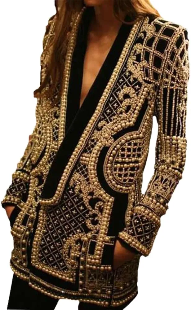 GeRRiT Europe and America V-Neck Long Sleeve Blazer Top Bubble Bead Print Women's Jacket Coats, XX-Large, S2 Gold