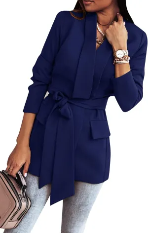 GRASWE Women's Solid Color Casual Long Sleeve Blazers Lapel Belted Work Office Blazers Jacket