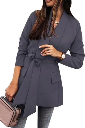 GRASWE Women's Solid Color Casual Long Sleeve Blazers Lapel Belted Work Office Blazers Jacket