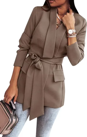 GRASWE Women's Solid Color Casual Long Sleeve Blazers Lapel Belted Work Office Blazers Jacket
