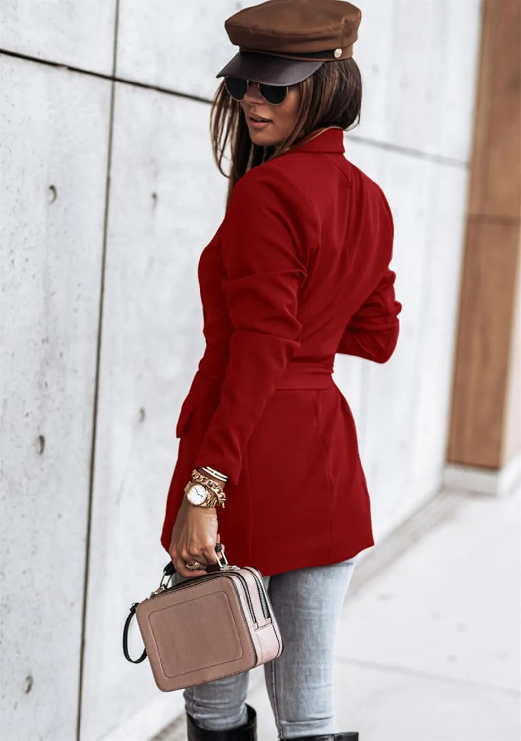 GRASWE Women's Solid Color Casual Long Sleeve Blazers Lapel Belted Work Office Blazers Jacket