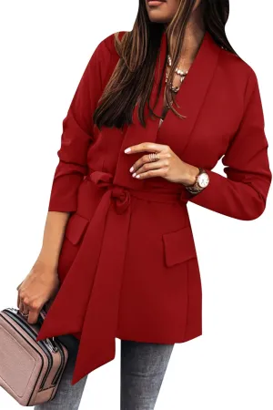 GRASWE Women's Solid Color Casual Long Sleeve Blazers Lapel Belted Work Office Blazers Jacket