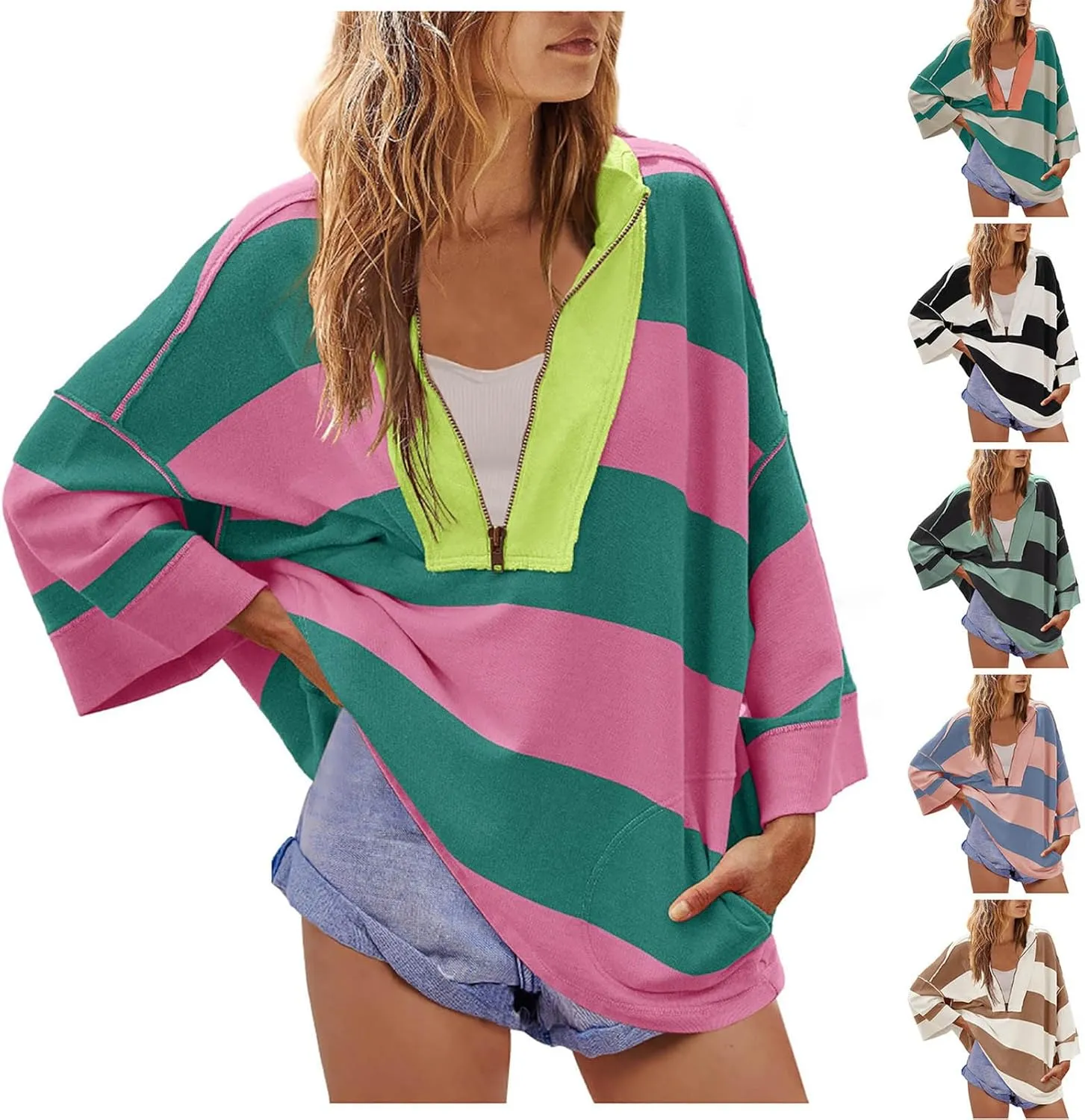 Half Zip Up Sweatshirt Women Trendy Oversized Color Block Drop Shoulder Pullover Tops Loose Long Sleeve Fall Shirts
