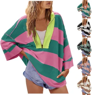 Half Zip Up Sweatshirt Women Trendy Oversized Color Block Drop Shoulder Pullover Tops Loose Long Sleeve Fall Shirts
