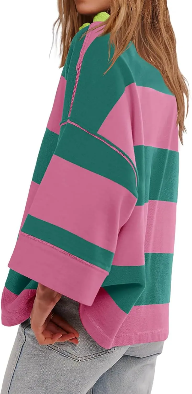 Half Zip Up Sweatshirt Women Trendy Oversized Color Block Drop Shoulder Pullover Tops Loose Long Sleeve Fall Shirts