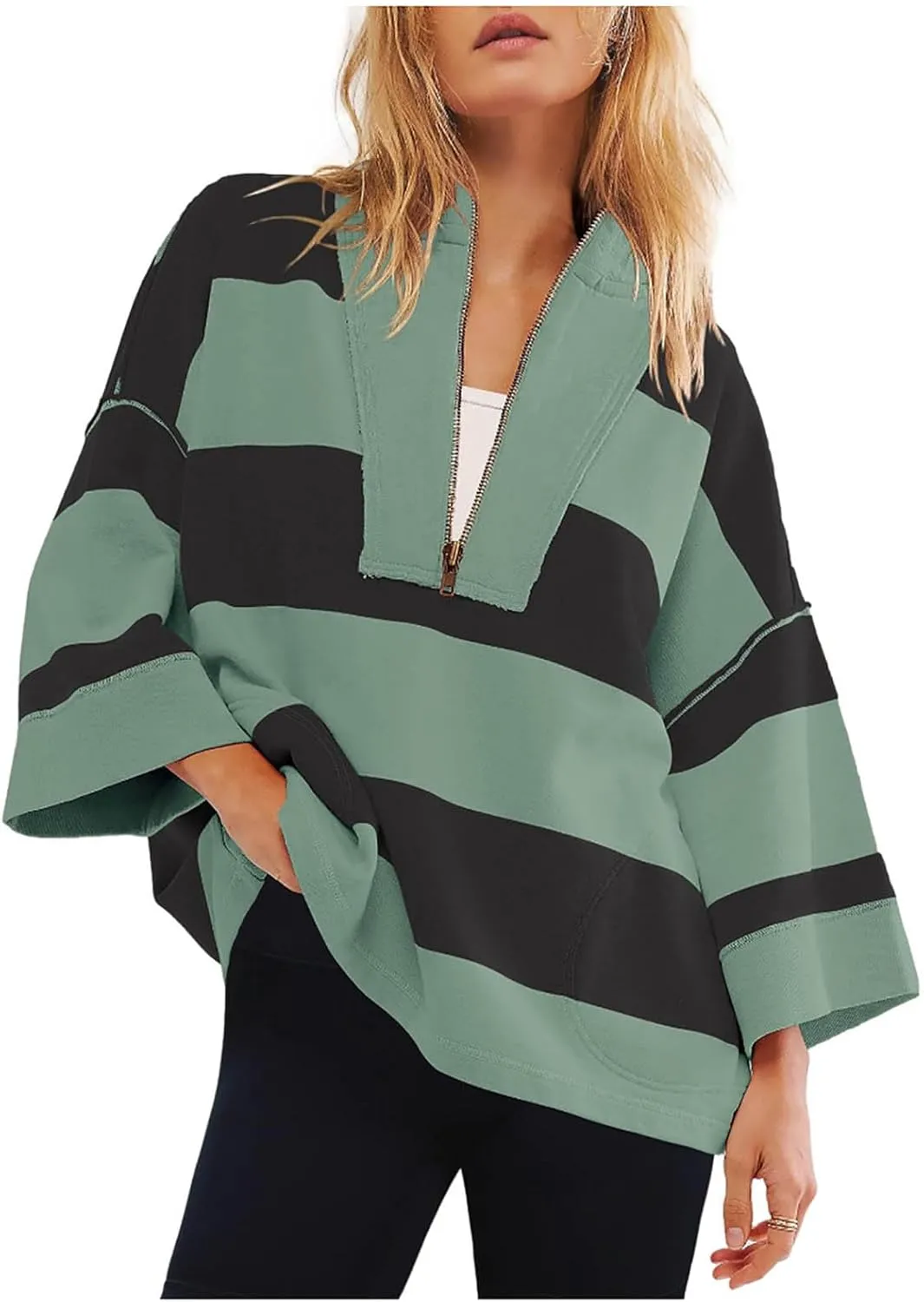 Half Zip Up Sweatshirt Women Trendy Oversized Color Block Drop Shoulder Pullover Tops Loose Long Sleeve Fall Shirts
