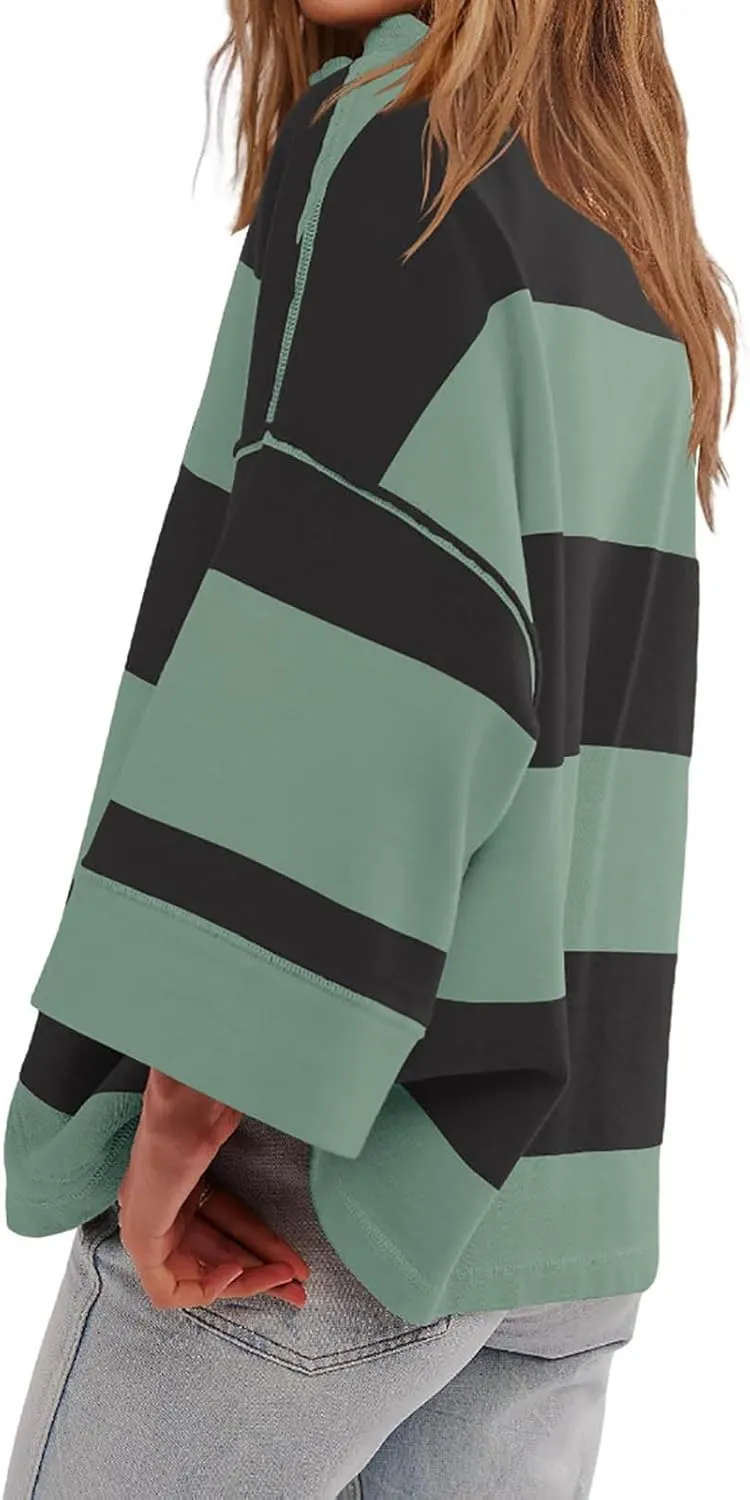 Half Zip Up Sweatshirt Women Trendy Oversized Color Block Drop Shoulder Pullover Tops Loose Long Sleeve Fall Shirts