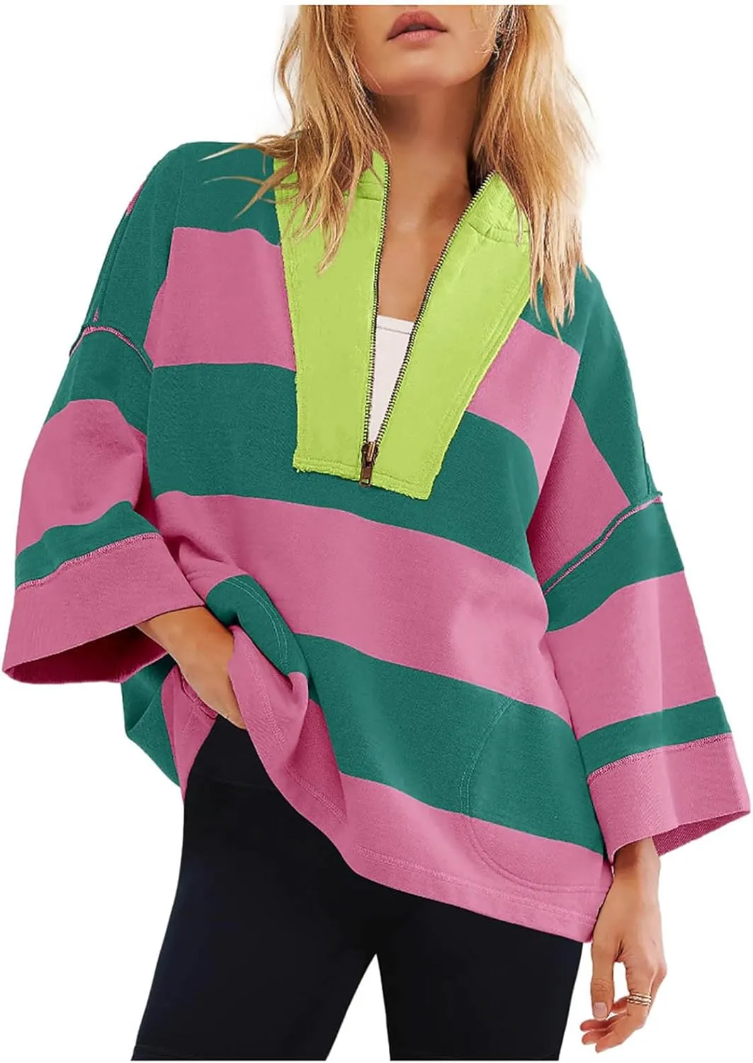 Half Zip Up Sweatshirt Women Trendy Oversized Color Block Drop Shoulder Pullover Tops Loose Long Sleeve Fall Shirts