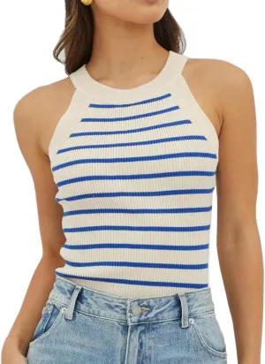 Halter Tank Tops for Women Summer Striped Stretchy Ribbed Knit Cami Shirts Slim Fitting