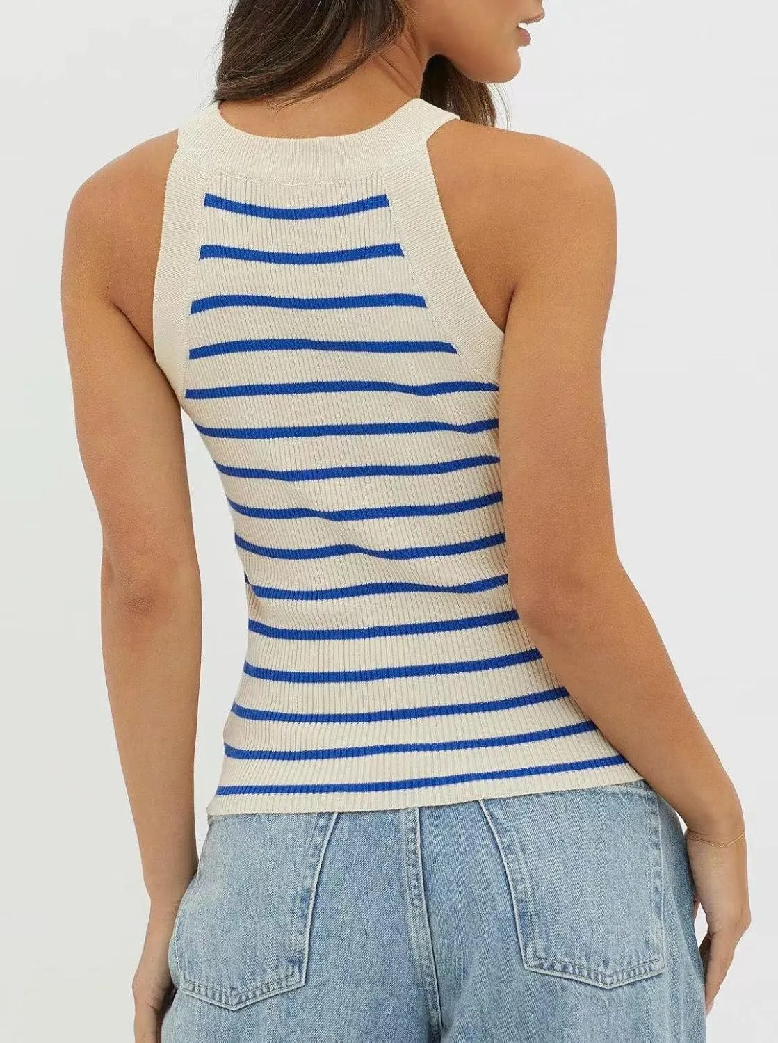 Halter Tank Tops for Women Summer Striped Stretchy Ribbed Knit Cami Shirts Slim Fitting