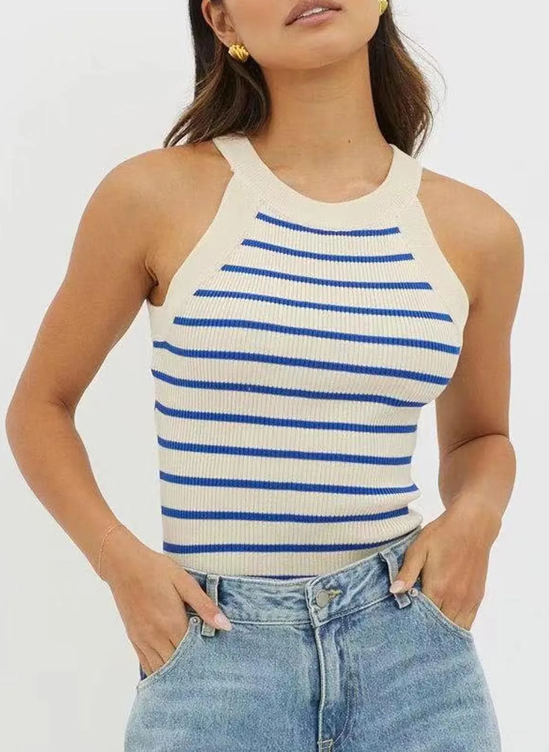 Halter Tank Tops for Women Summer Striped Stretchy Ribbed Knit Cami Shirts Slim Fitting