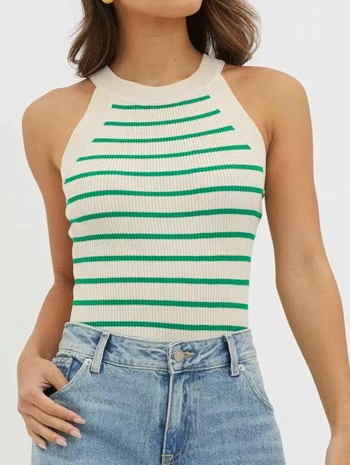 Halter Tank Tops for Women Summer Striped Stretchy Ribbed Knit Cami Shirts Slim Fitting