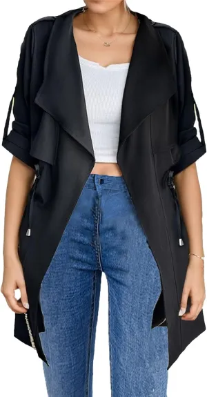 IVERIRMIN Womens Rolled-up Sleeve Draped Open Front Jacket Dressy Casual Lapel Drawstring Waist Blazer Trench Coats Outwear