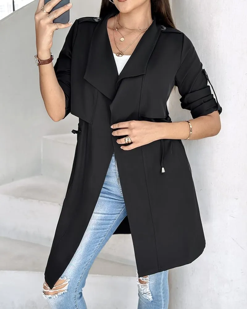 IVERIRMIN Womens Rolled-up Sleeve Draped Open Front Jacket Dressy Casual Lapel Drawstring Waist Blazer Trench Coats Outwear