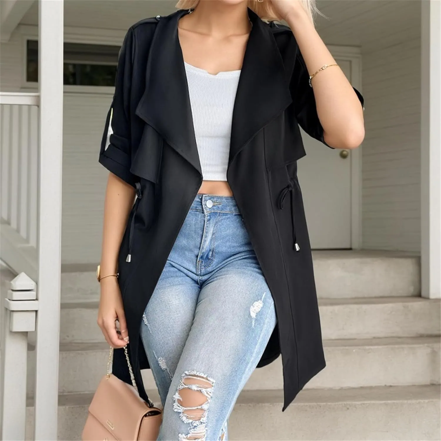 IVERIRMIN Womens Rolled-up Sleeve Draped Open Front Jacket Dressy Casual Lapel Drawstring Waist Blazer Trench Coats Outwear