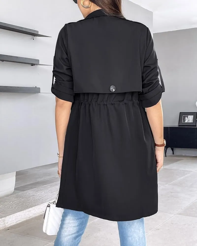 IVERIRMIN Womens Rolled-up Sleeve Draped Open Front Jacket Dressy Casual Lapel Drawstring Waist Blazer Trench Coats Outwear