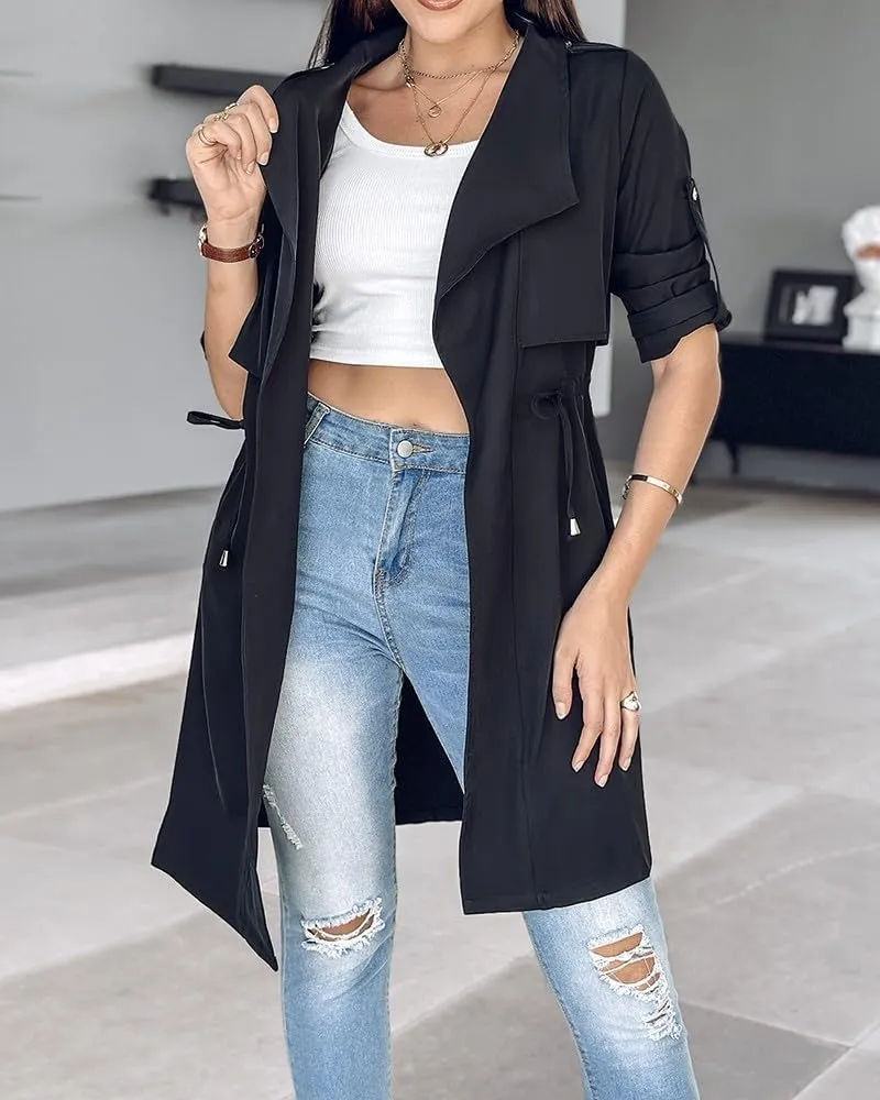 IVERIRMIN Womens Rolled-up Sleeve Draped Open Front Jacket Dressy Casual Lapel Drawstring Waist Blazer Trench Coats Outwear